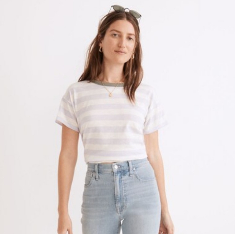 Madewell Striped White and Purple Tee With Green Ringer Neck Size Small